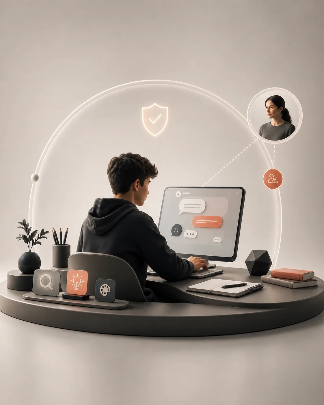 Adolescent de 13 à 17 ans explorant une IA conversationnelle dans un espace d’apprentissage protégé avec accompagnement parental discret.