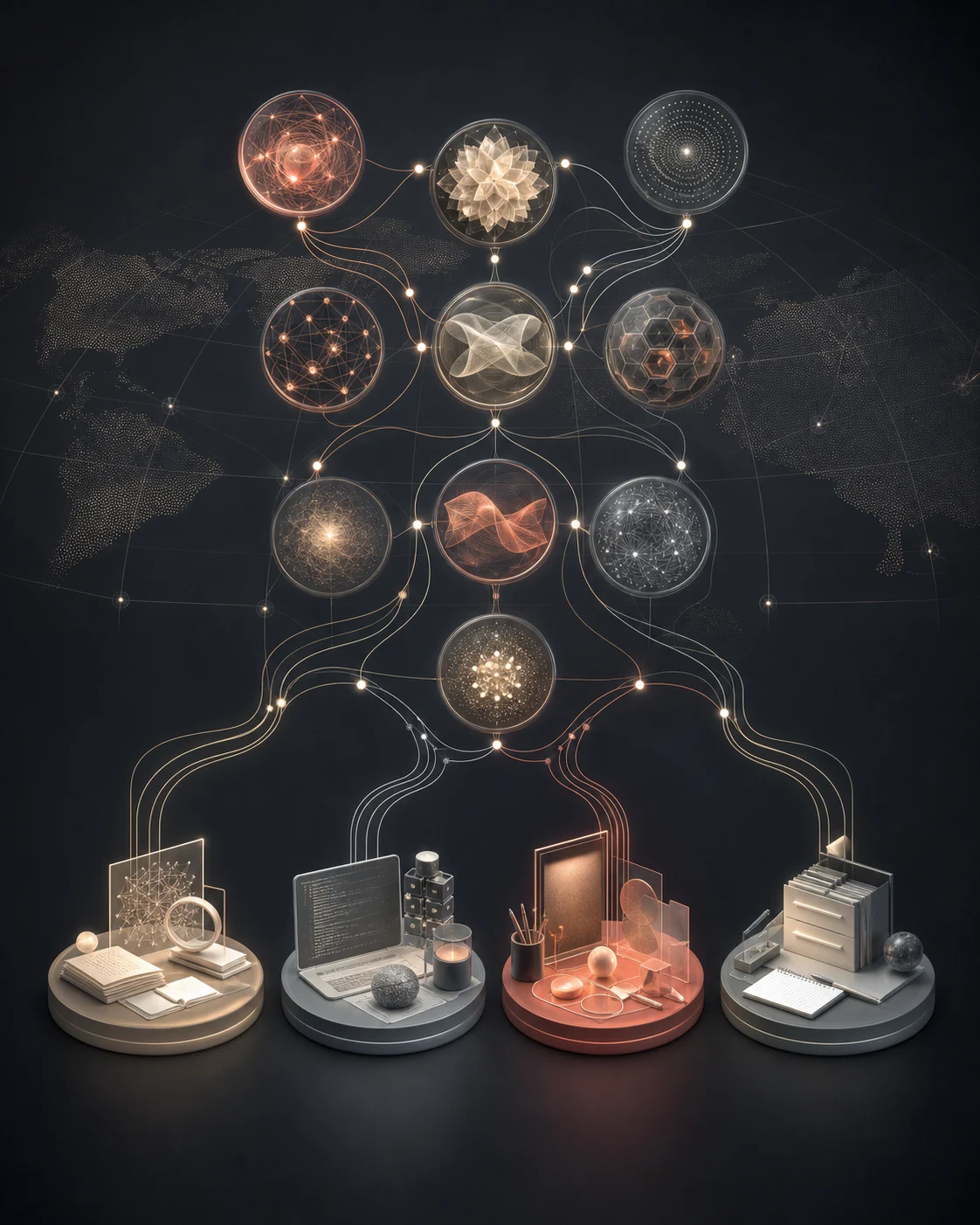 Réseau mondial de systèmes d’intelligence artificielle reliés à différents usages pour aider à choisir la solution adaptée.