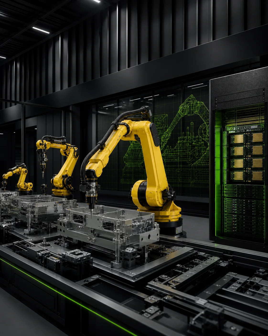 Visuel éditorial lié à Nvidia et à la robotique japonaise, montrant une usine avancée combinant infrastructure de calcul et robotique industrielle.