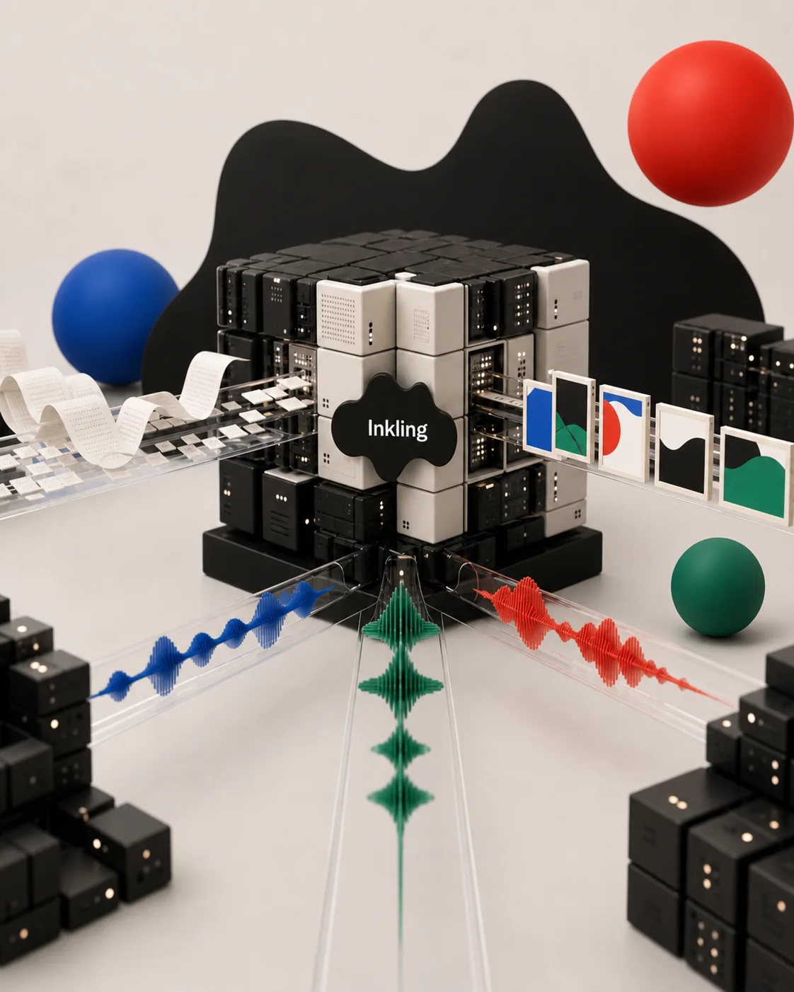 Visuel éditorial illustrant Inkling de Thinking Machines Lab, un modèle d’intelligence artificielle multimodal et open weights.