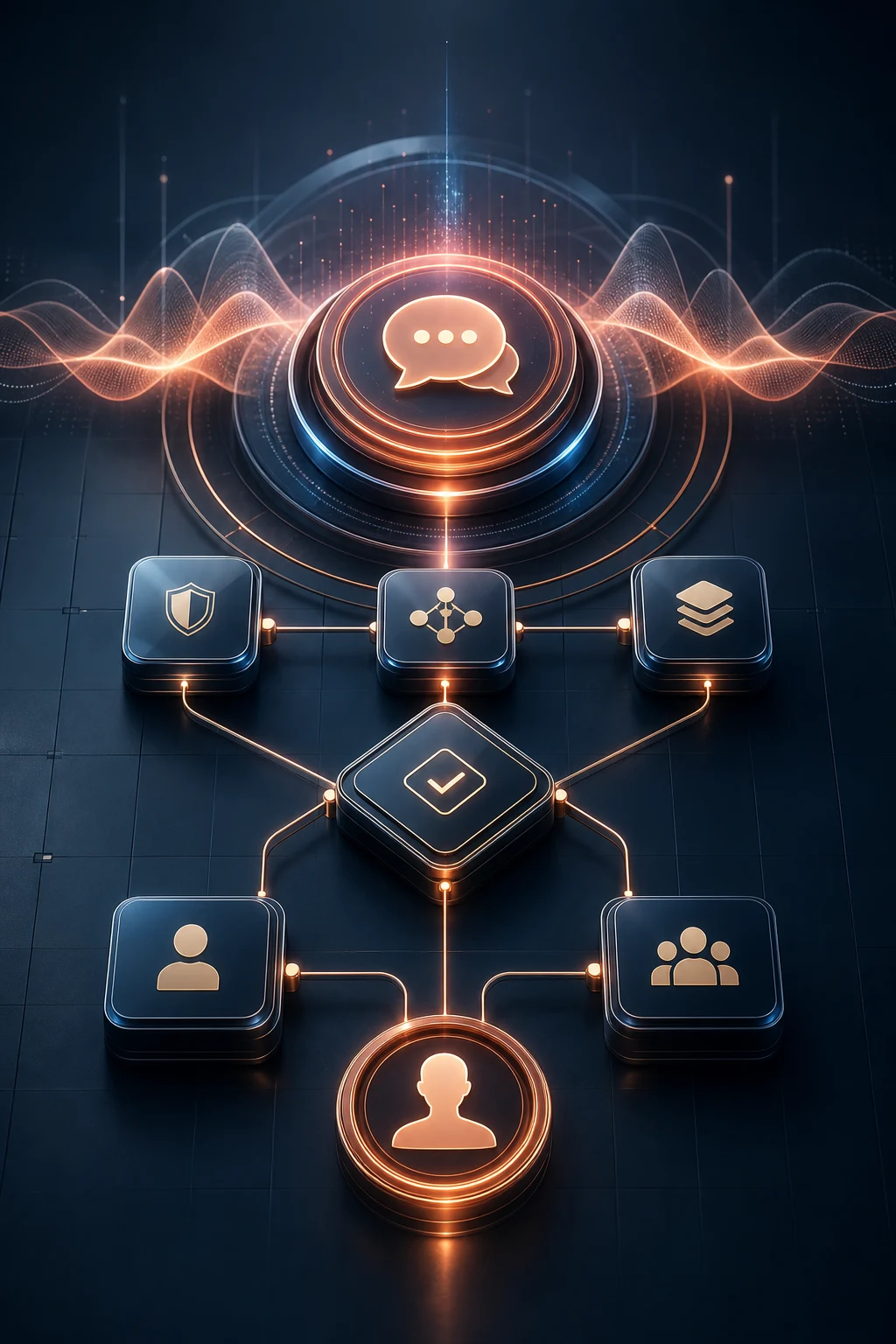Illustration éditoriale d’un agent OpenAI Presence orchestrant une conversation, des actions approuvées et une escalade humaine.