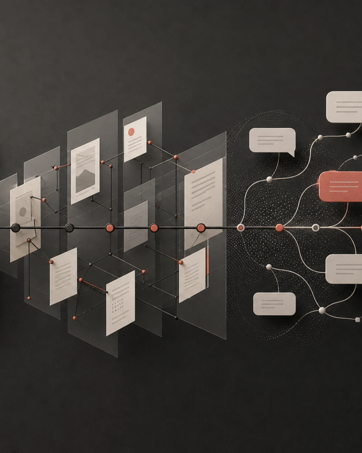 Illustration éditoriale de l’évolution du SEO, d’une architecture de contenus vers des réponses conversationnelles.
