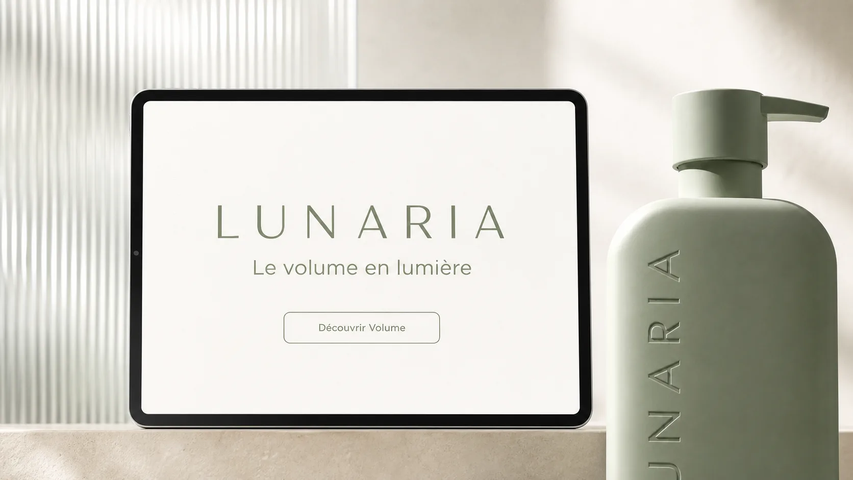 Tablette présentant l’expérience digitale LUNARIA et la signature Le volume en lumière