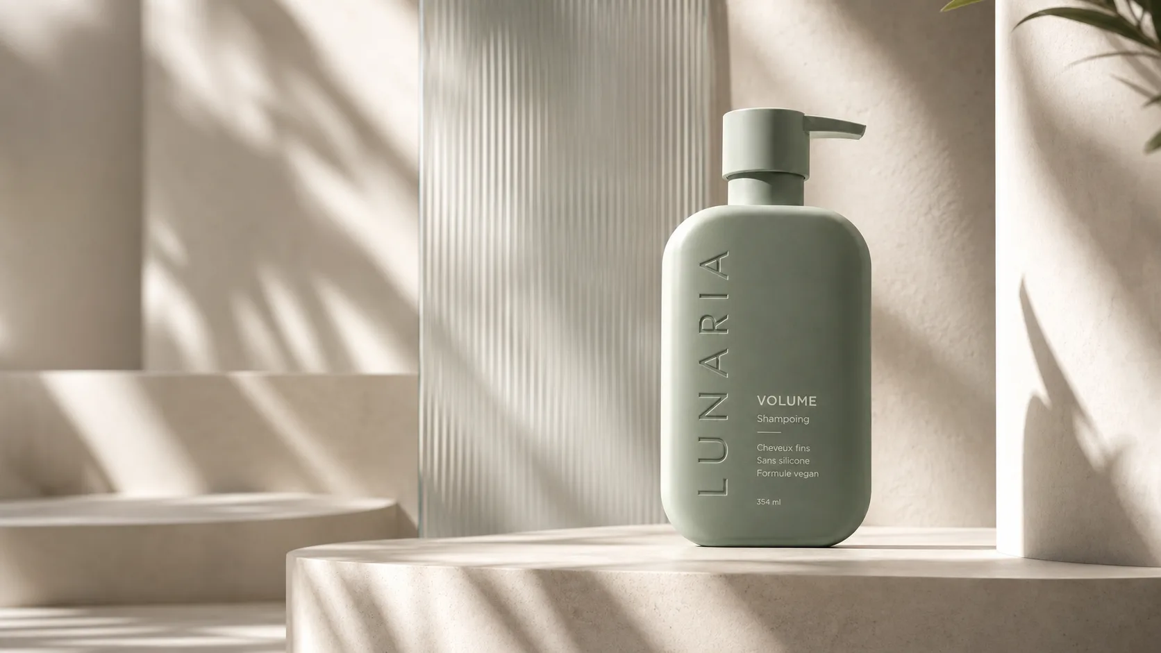 Flacon de shampoing LUNARIA vert sauge dans une architecture ivoire baignée de lumière