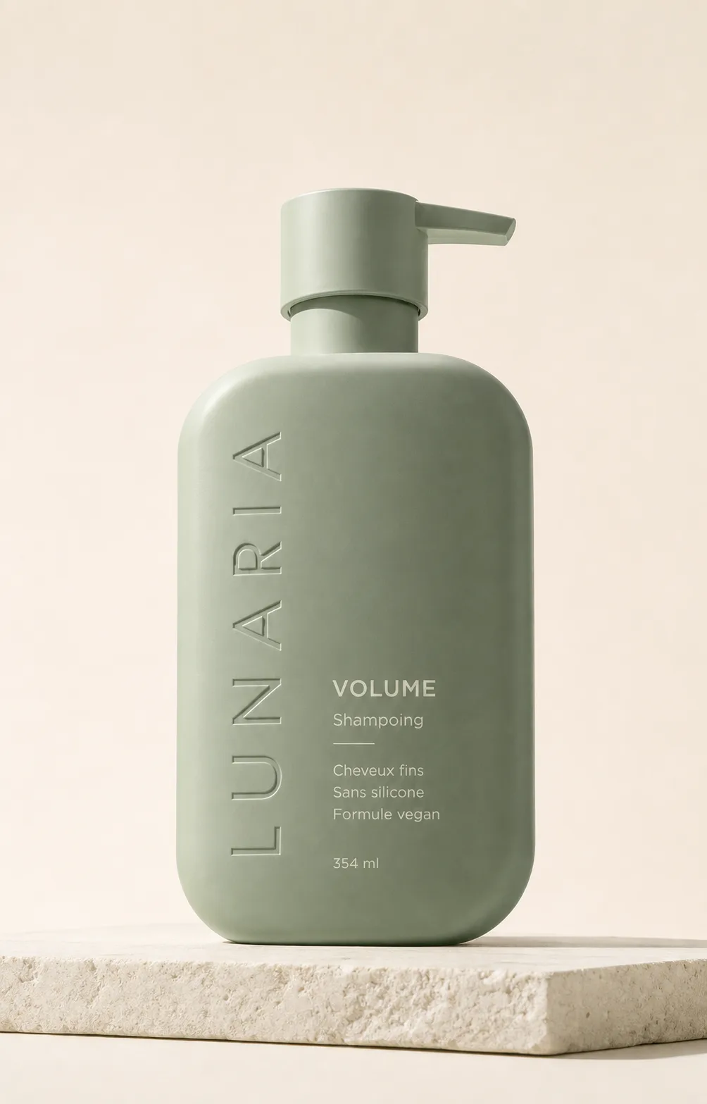 Packshot du shampoing LUNARIA Volume sur un socle minéral ivoire