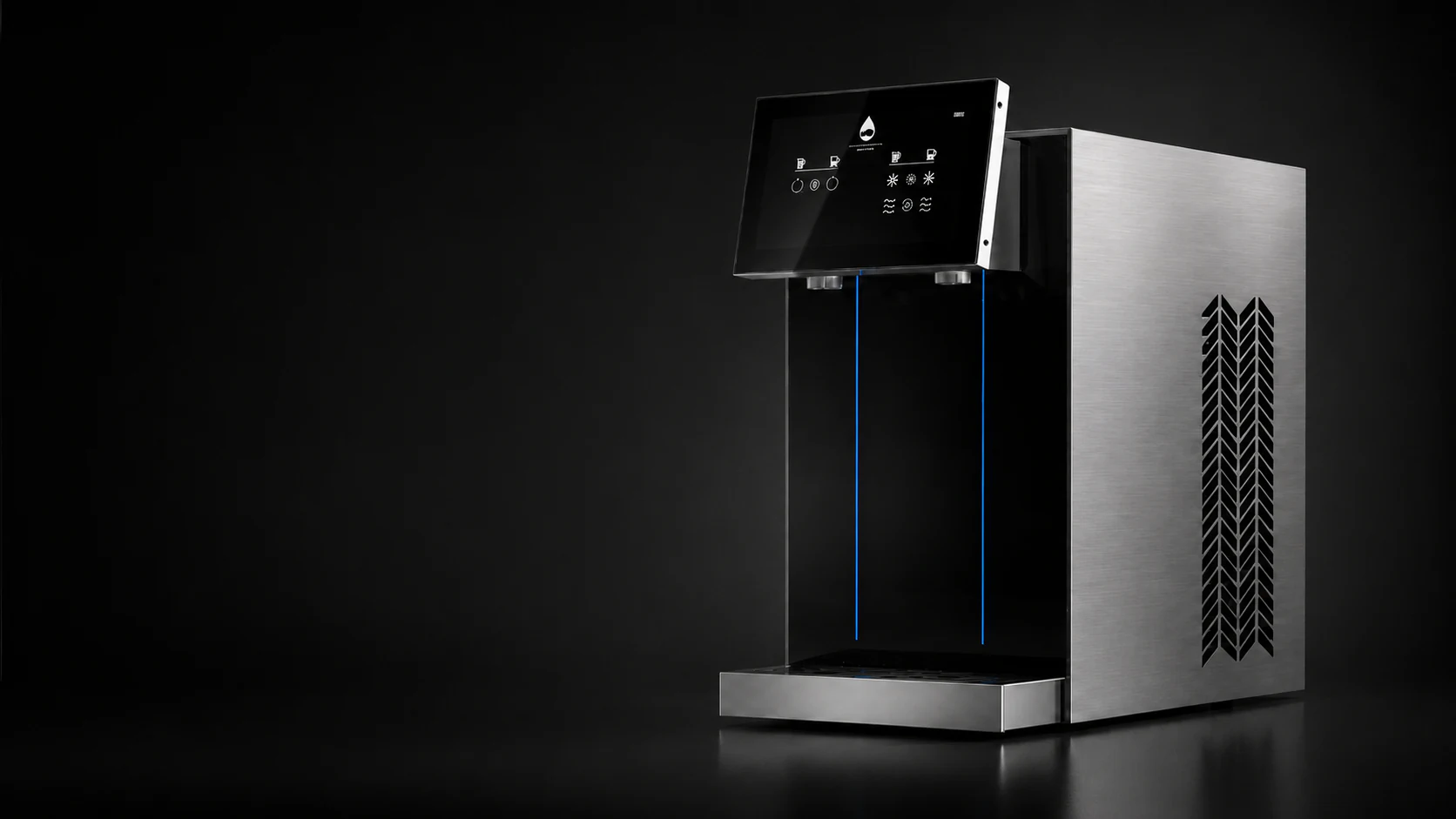 Rendu CGI sombre de la fontaine Volva en acier brossé et verre noir