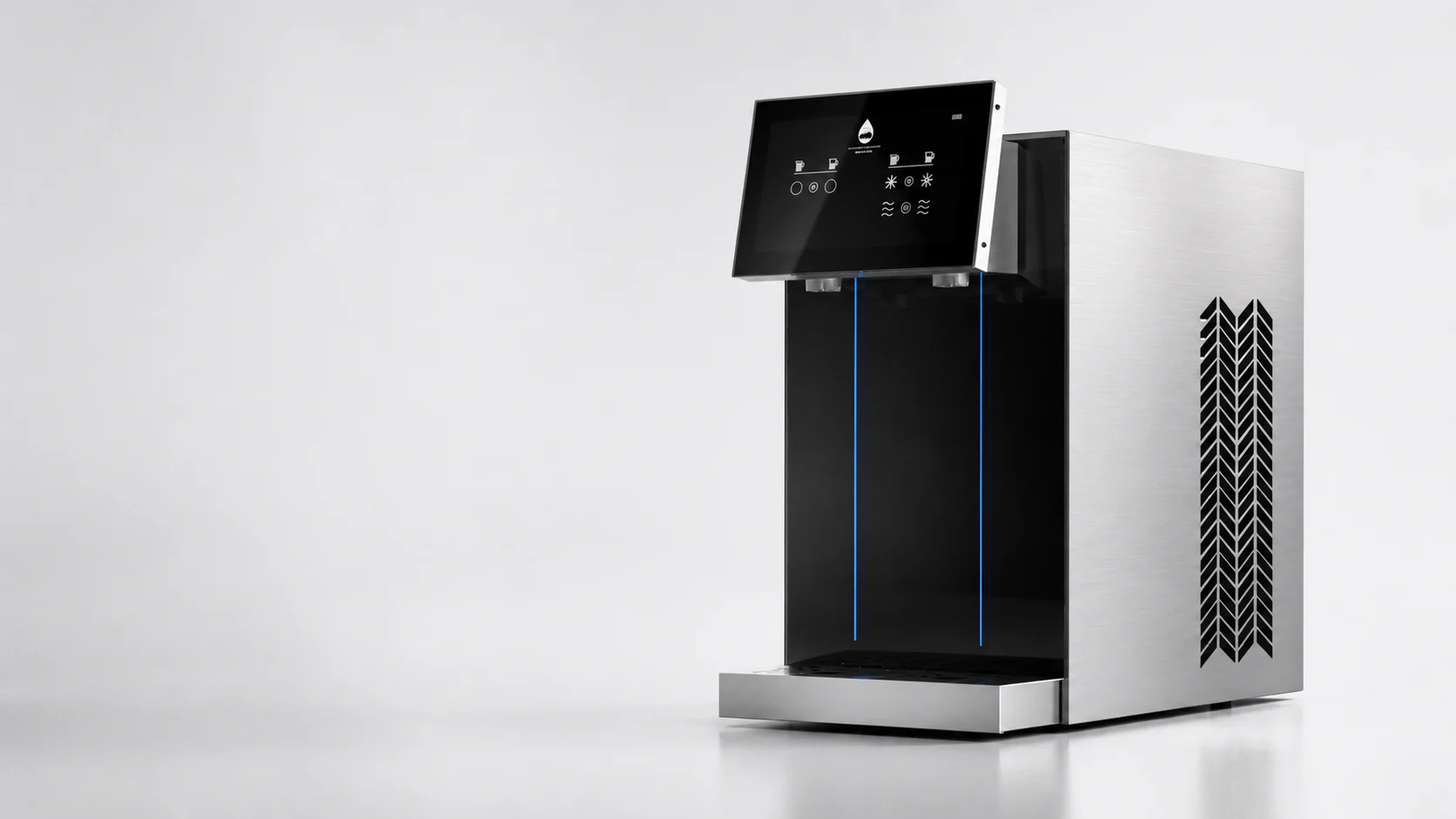 Rendu studio clair de la fontaine Volva en acier brossé et verre noir