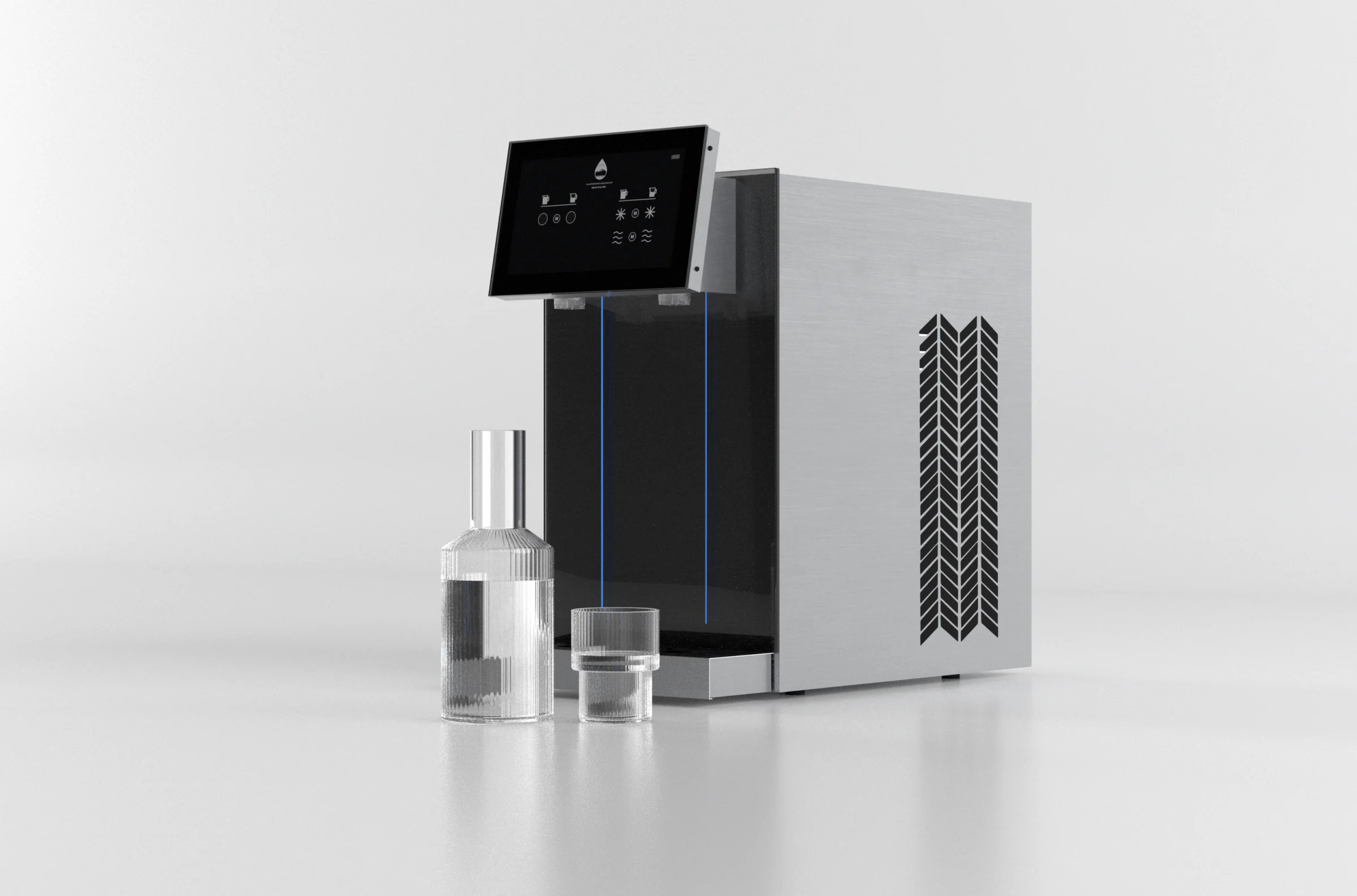 Rendu CGI clair de la fontaine Volva accompagnée d’une carafe et d’un verre